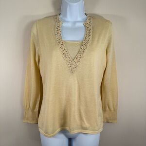 NWT Sigrid Olsen Women’s White Chocolate Yellow Knit Beaded Sweater Blouse S